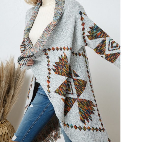 NEW Open Drape Knit Geo Pattern Blanket Cardigan With Fringe - Picture 8 of 10